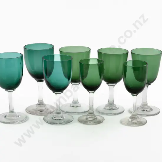 Eight Victorian Bristol Blue and Green Glass Bowled Wine Glasses
