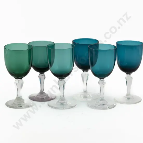 Six Victorian Bristol Blue and Green Glass Bowled Wine Glasses