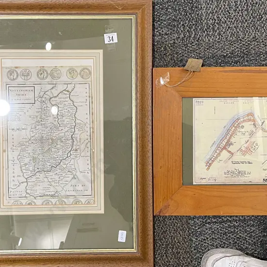 Framed Map Together with Vintage Survey Plan