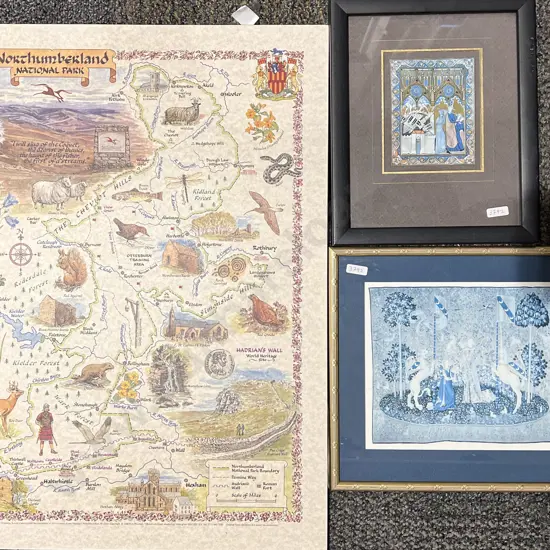 Two Framed Works Together with Map on Board