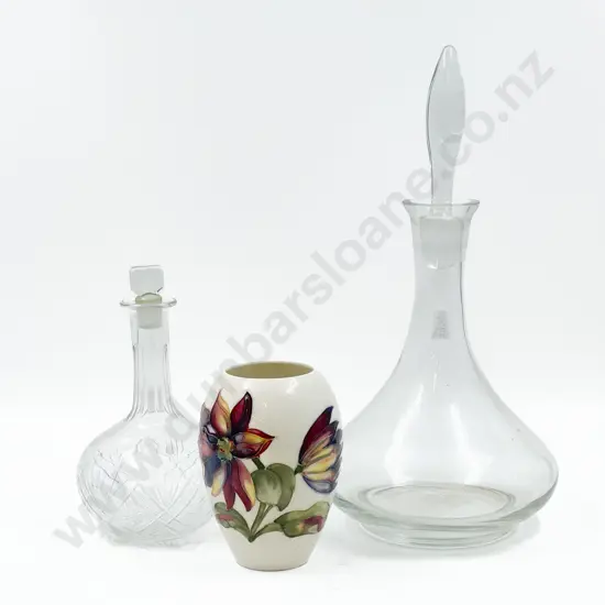 Two Decanters Together with Moorcroft Vase (Hairline Crack)