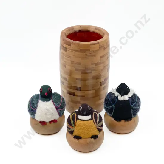 Eddie Hall Wooden Vase Together with Three Hand Knitted Birds