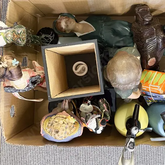 Box of Assorted Including Soda Syphons and China Figures etc