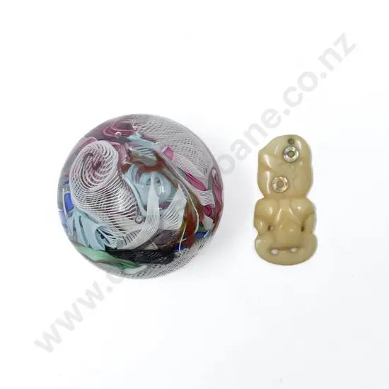Small Carved Tiki with Art Glass Paperweight