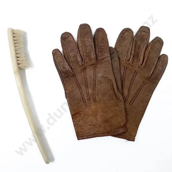 Pair of Leather Children's Gloves and Bone Toothbrush