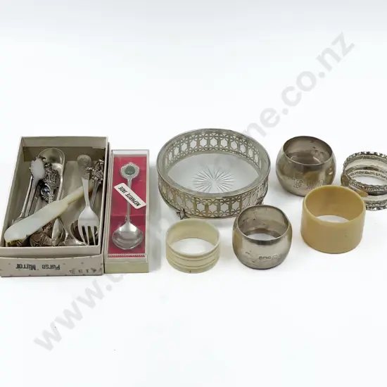 Three S/S Napkin Rings two others s/s dish and various souvenir spoons