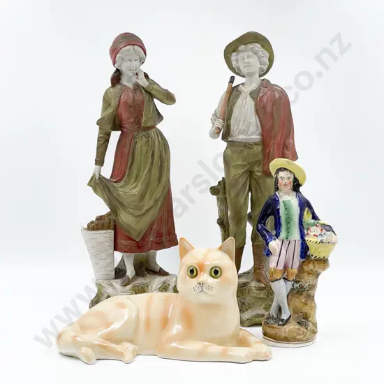 Pair of China Figures Together with Staffordshire Figure and Cat Ornament