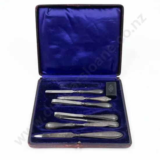 Seven Assorted S/S Handled Manicure Instruments Together with Small Snuff Box