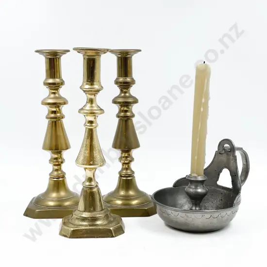 Three Brass Candlesticks with Pewter Candle Holder