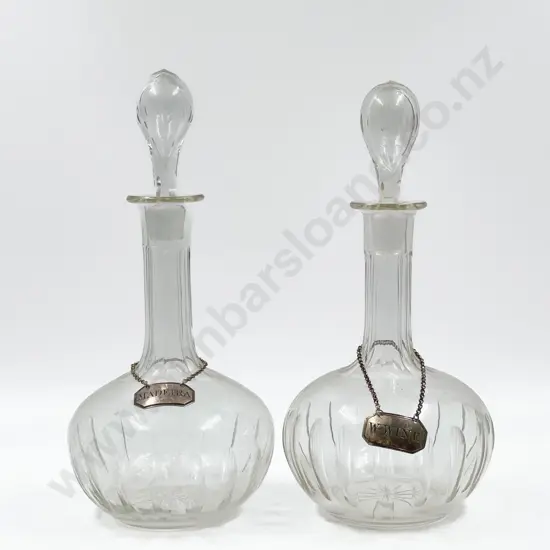 Pair of Glass Decanters with Two Silver Decanter Labels