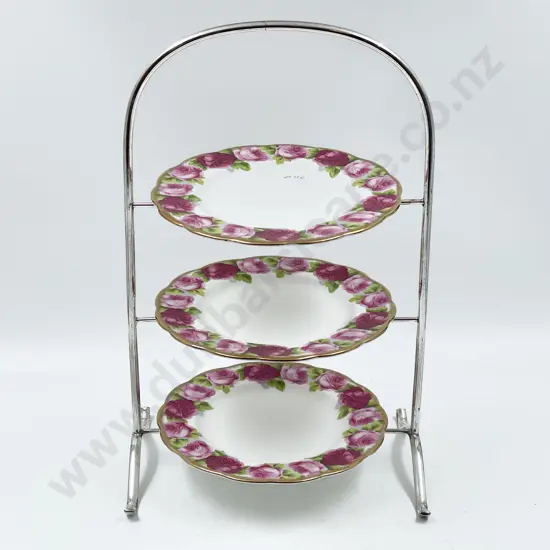 Three Royal Albert Old English Rose Plates on Three Tier Stand