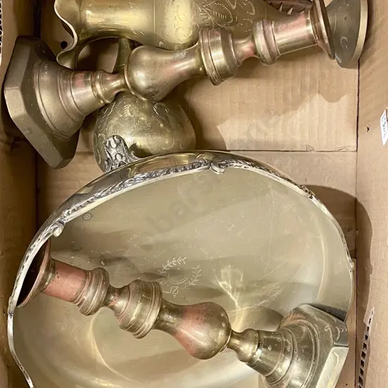 Small Quantity of Assorted Metal ware Including Brass Candlesticks