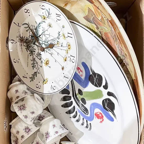 Box of Assorted Fancy China Together with Villeroy & Boch Wall Clock
