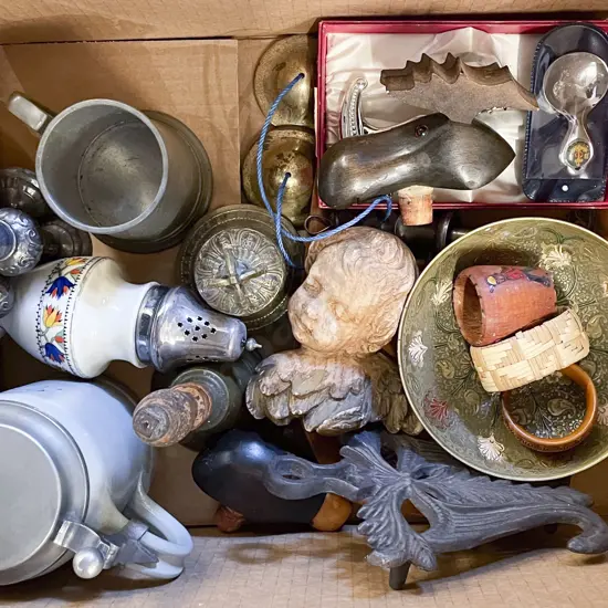 Box of Assorted Ornaments and Metal Ware etc