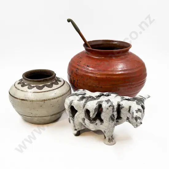 Two Pottery Vases with Pottery Bull