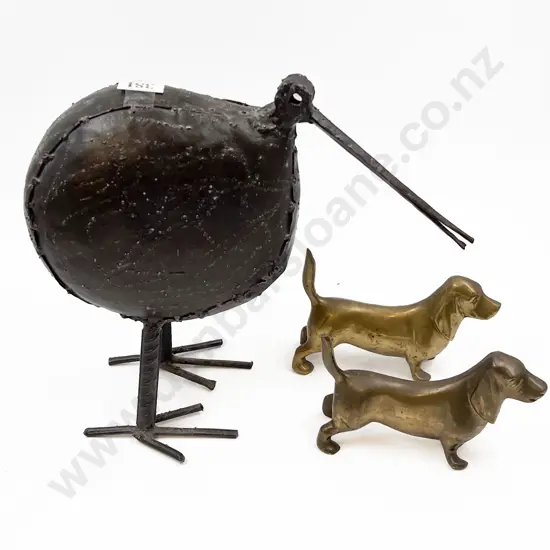 Pair of Brass Sausage Dogs and Kiwi Ornament