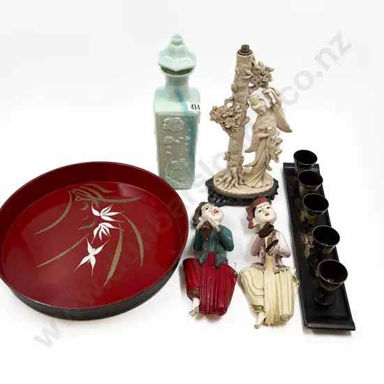 Small Quantity of Assorted Asian Ornaments on Lacquered Tray