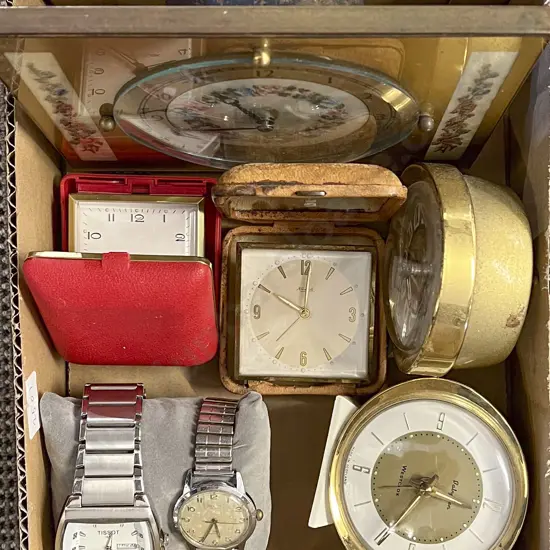 Box of Assorted Alarm Clocks and Wrist Watches etc