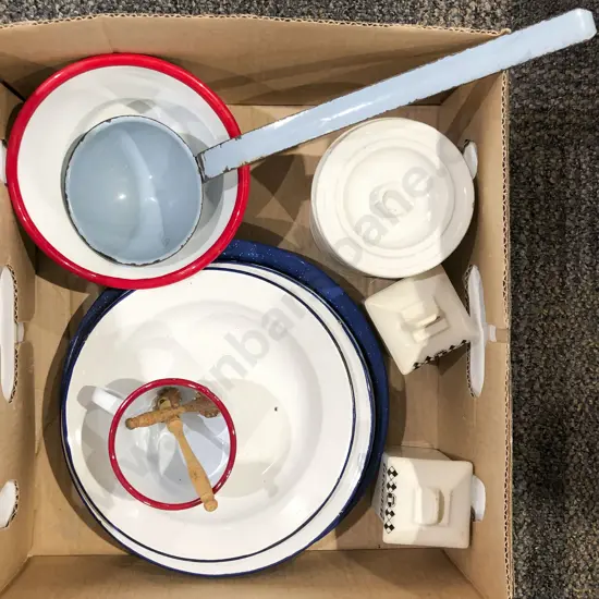 Box of Assorted Enamel Kitchenware Etc.
