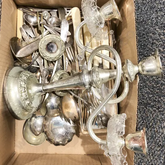 Box of Assorted Cutlery together with Candelabra