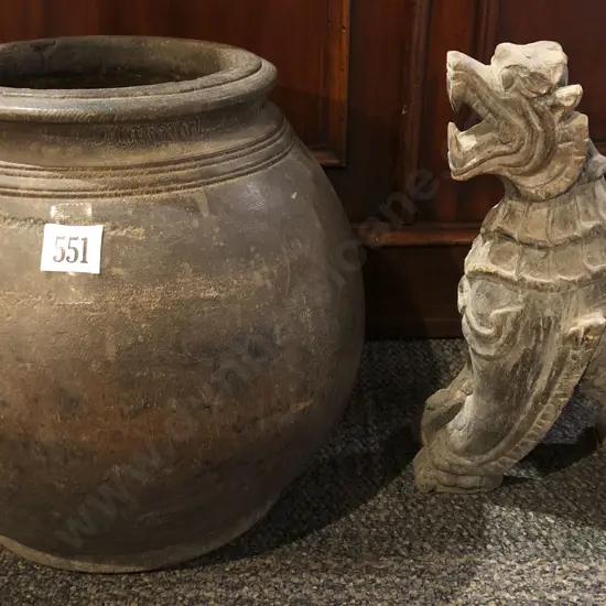 Vintage Wooden Vase Together with carved Temple Lion