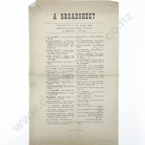 A Broadsheet of The Pegasus Press Christchurch N.Z. Writers Conference 10 May 1951