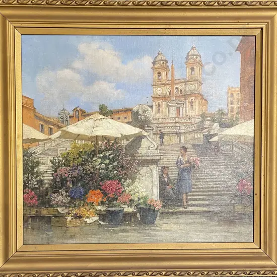 Oil on Board - Florist Scene -  Indistinctly Signed