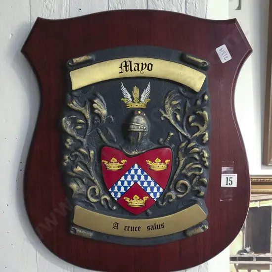 Wrought Metal Coat of Arms Display Mounted on Wooden Plaque