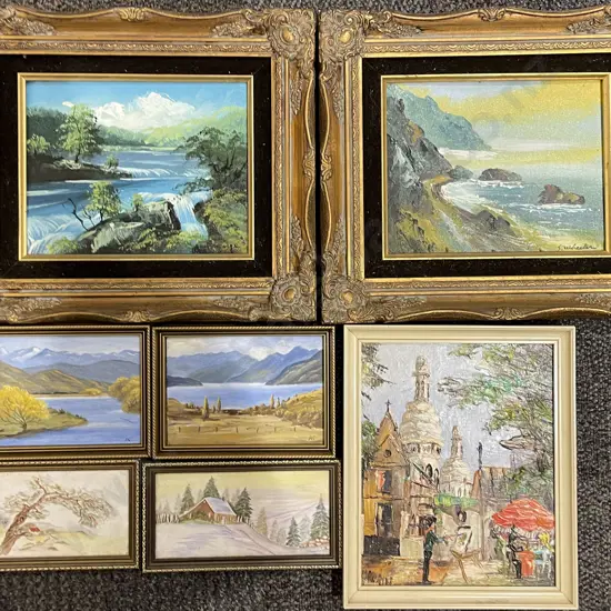 Two Gilt Framed Oil Works Together with Box of Assorted Framed Works