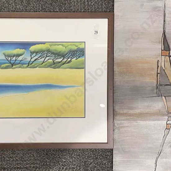 Sage Cox - Coastal Scene on Silk Together with Abstract Mixed Media Artwork on Board