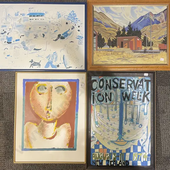Four Assorted Framed Printed Prints Including Hundertwasser and Rita Cook