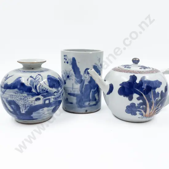 Two Chinese Blue and White Vases Together with Teapot
