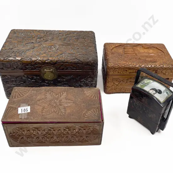 Three Assorted Carved Boxes Together with Small Lacquered Food Box