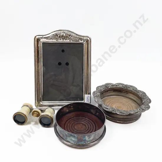Two Plated Wine Coasters Together with Opera Glasses and Photo Frame