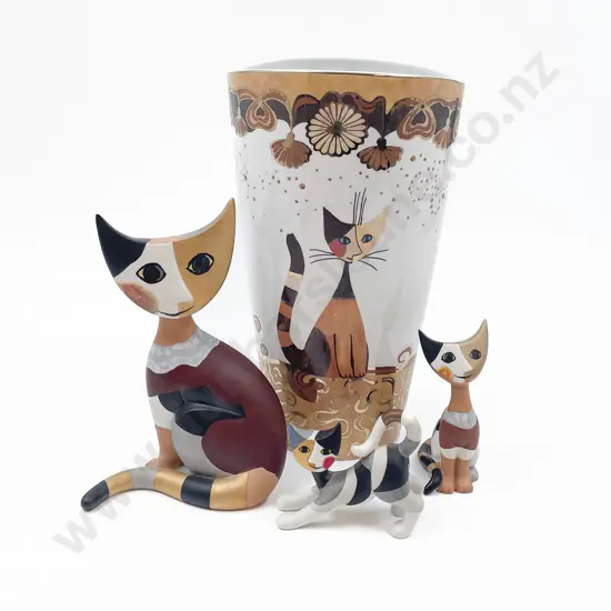 Three Goebel Cats Together with Vase