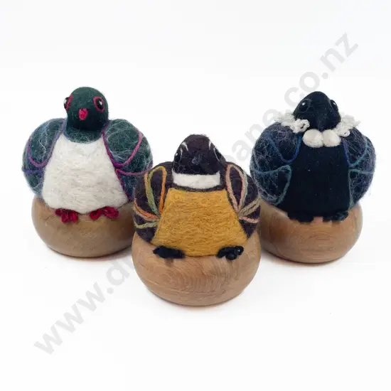 Three Knitted Birds on Turned Wood Base