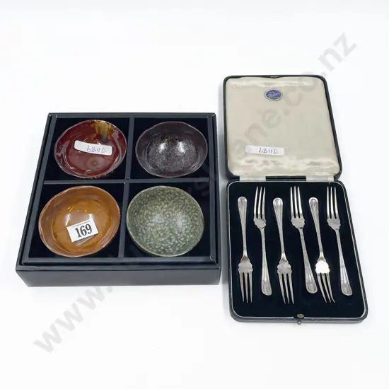 Four Assorted Glazed Sample Pottery Dishes with Boxed Cutlery