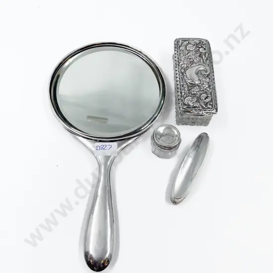 Two S/S Topped Vanity Jars Together with S/S Mirror and Nail Buffer