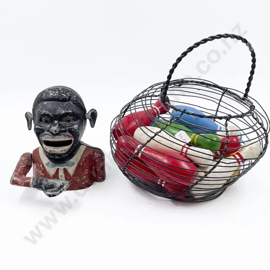 Metal Wire Basket with Vintage Novelty Pins and Money Bank