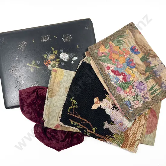 Victorian Lacquered Paper Folding with Art Deco Embroidered Sewing Purse etc