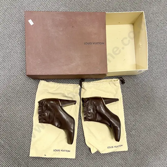 Boxed Pair Luis Vuitton Brown Leather Short Boots (worn)