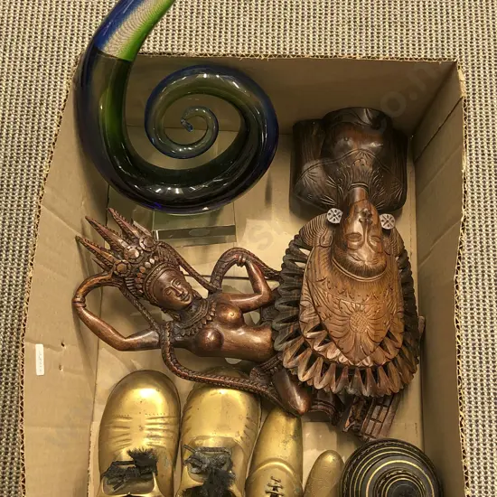 Art Glass Koru Together with Carved Figures and Two Pairs of Brass Boots etc