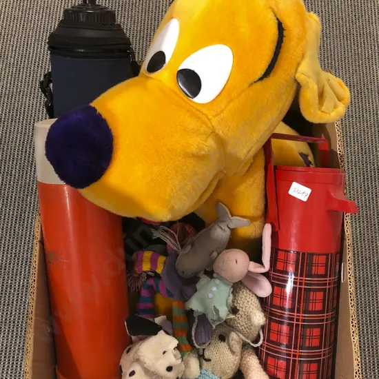 Box of Assorted Soft Toys and Vintage Thermos