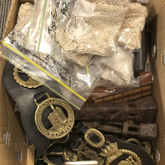 Box of Assorted Including Vintage Linen Flat Iron Horse Brasses etc