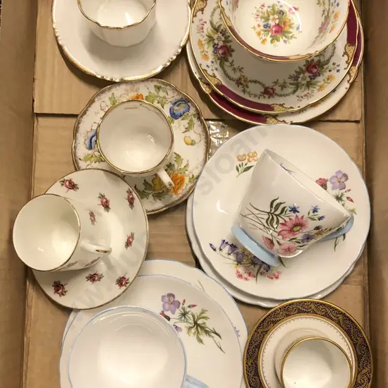 Box of Assorted Fancy China Cups and Saucers Including Shelly