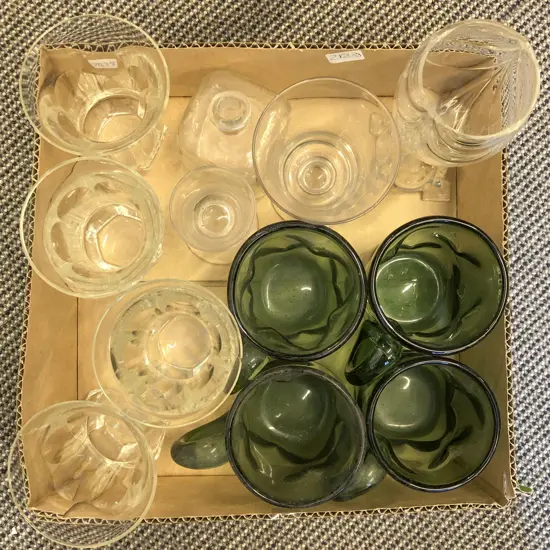 Box of Assorted Glassware Including Green Glass Mugs