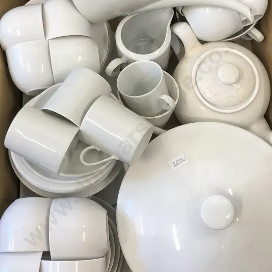 Box of Assorted White Crockery etc