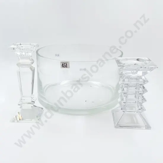 Two Glass Candleholders Together with Large Glass Table Bowl