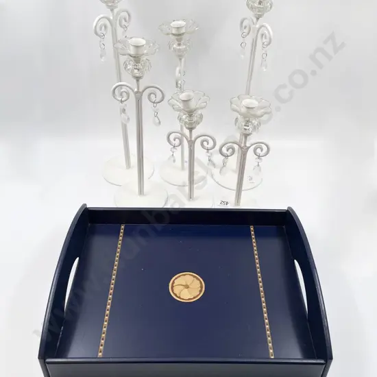 Six Decorative Candle Holders on Breakfast Tray