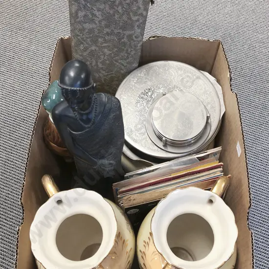 Box of Assorted Including Pair of Mantle Vases and Records etc